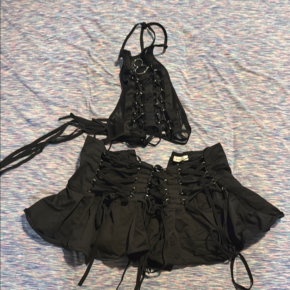 iHeartRaves Black Lace-Up Top and Skirt Set